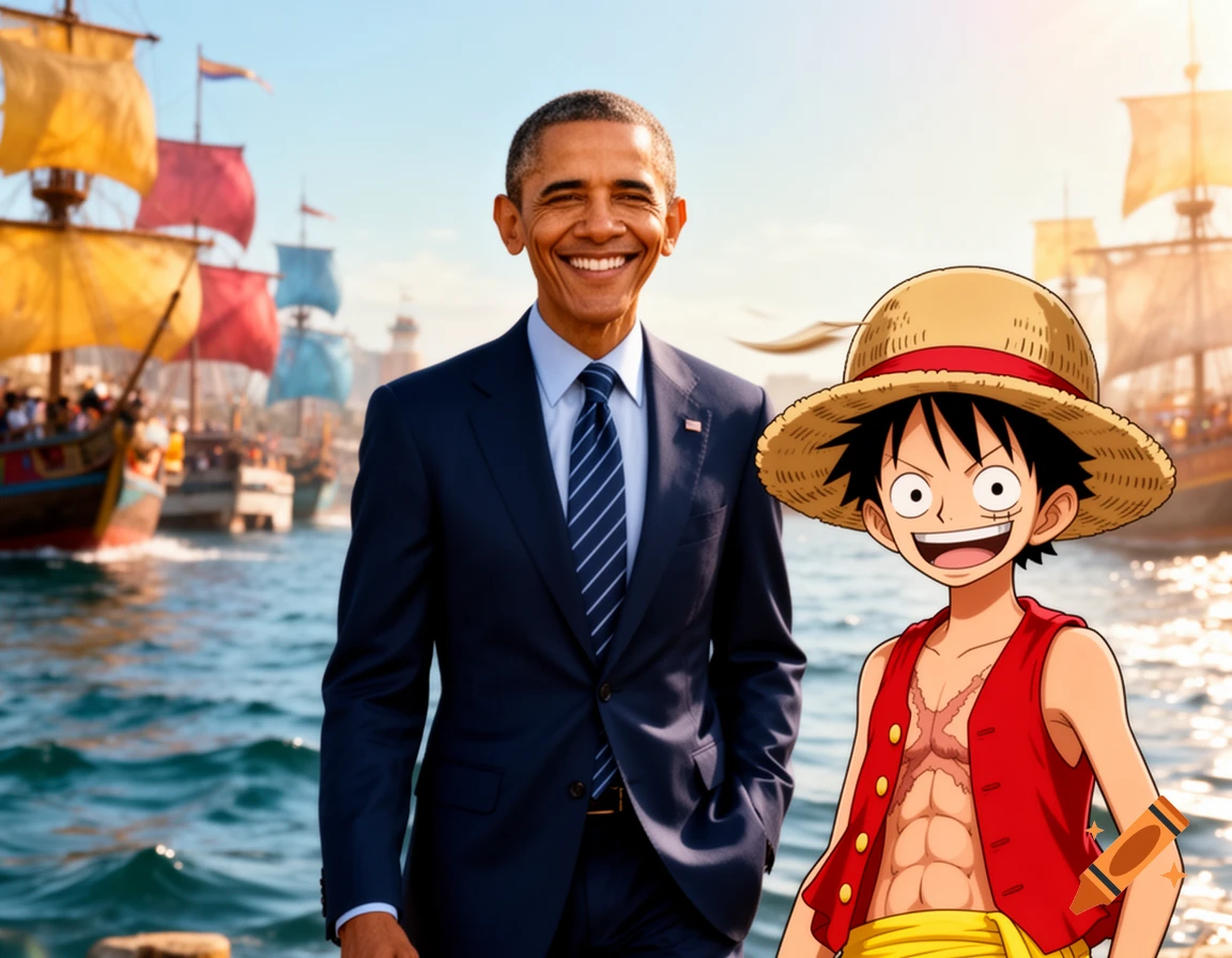Barack Obama and Monkey D. Luffy stand smiling by the sea with sailing ships in the background.