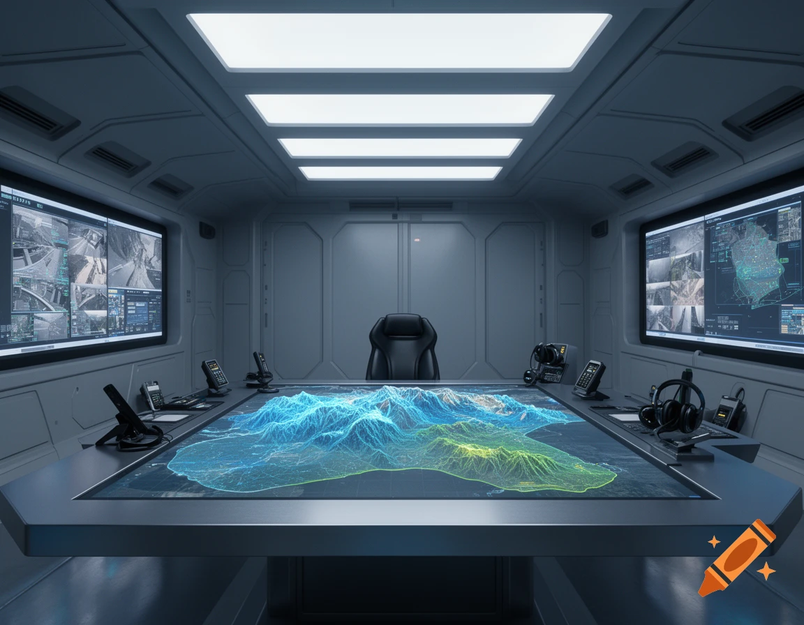 Photorealistic futuristic control room with a holographic map table and multiple monitors displaying data.