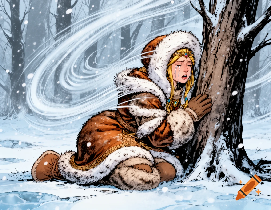 Comic book art of Princess Zelda, bundled in fur, crying and kneeling against a tree in a snowy, windy forest.