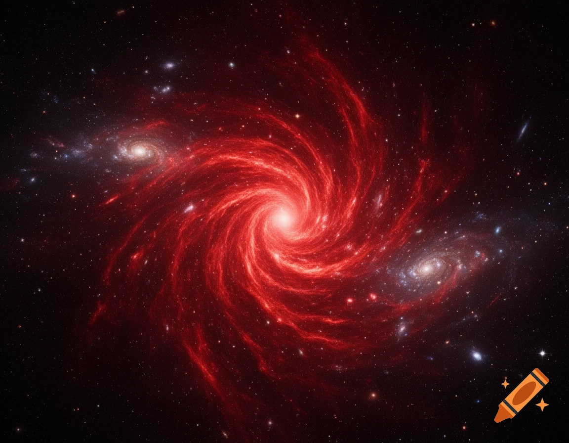 A vibrant red spiral galaxy glowing in deep space amidst many stars and smaller distant galaxies.