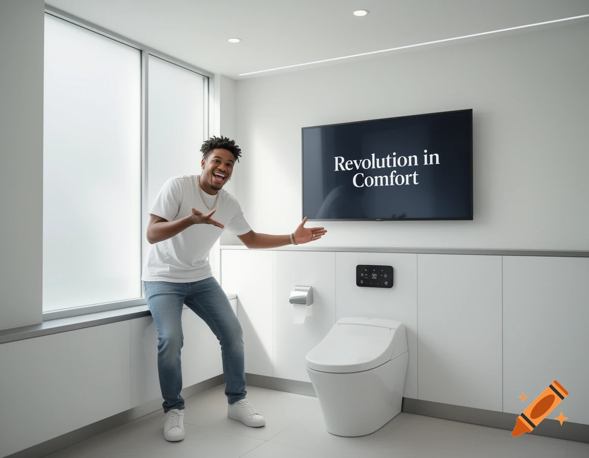 A smiling Black man in a white t-shirt and jeans stands next to a modern white toilet, pointing towards a TV screen displaying "Revolution in Comfort" in a sleek bathroom.