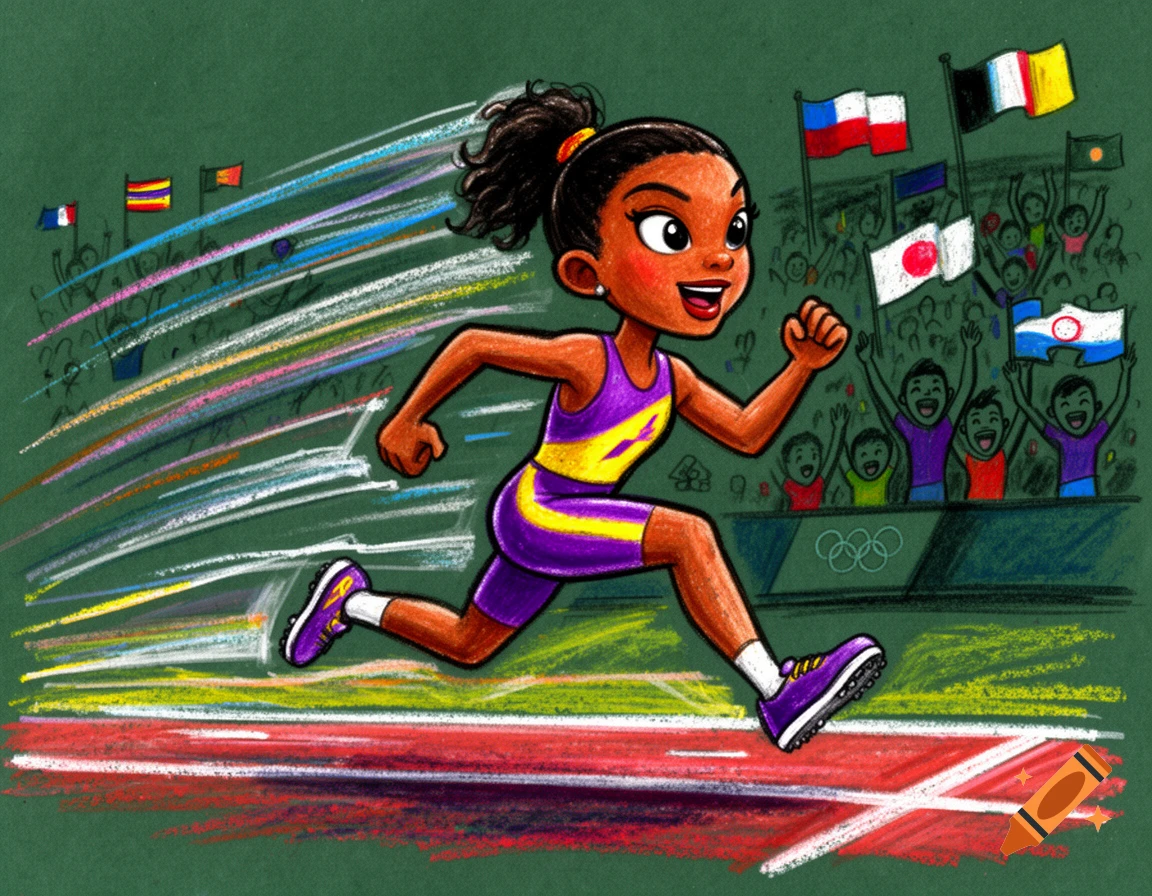A vibrant crayon drawing of a young Black girl running in a track race at the Olympics, with cheering spectators.