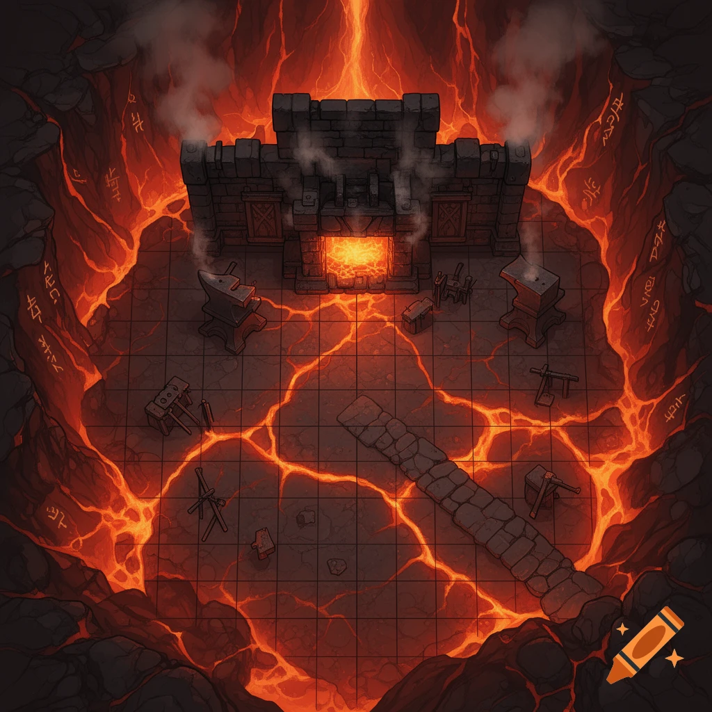 Overhead view of a fantasy DND battlemap showing a forge room with anvils and tools, surrounded by a lava-filled volcano interior and glowing runes.