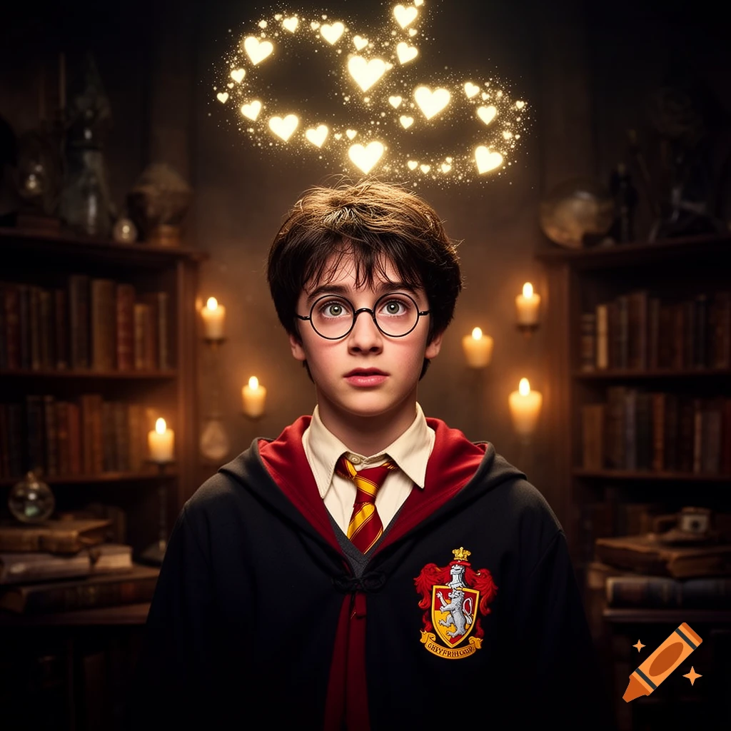 A young boy resembling Harry Potter, wearing a Gryffindor robe and glasses, stands looking forward in a dimly lit library with candles. Glowing hearts float above his head.