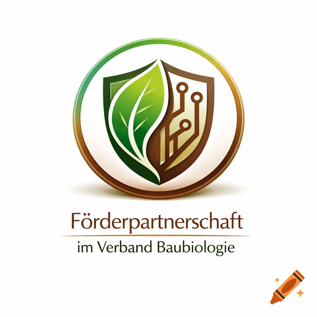Modern logo with a shield featuring a green leaf and circuit board pattern, encircled by brown and green rings, with German text.