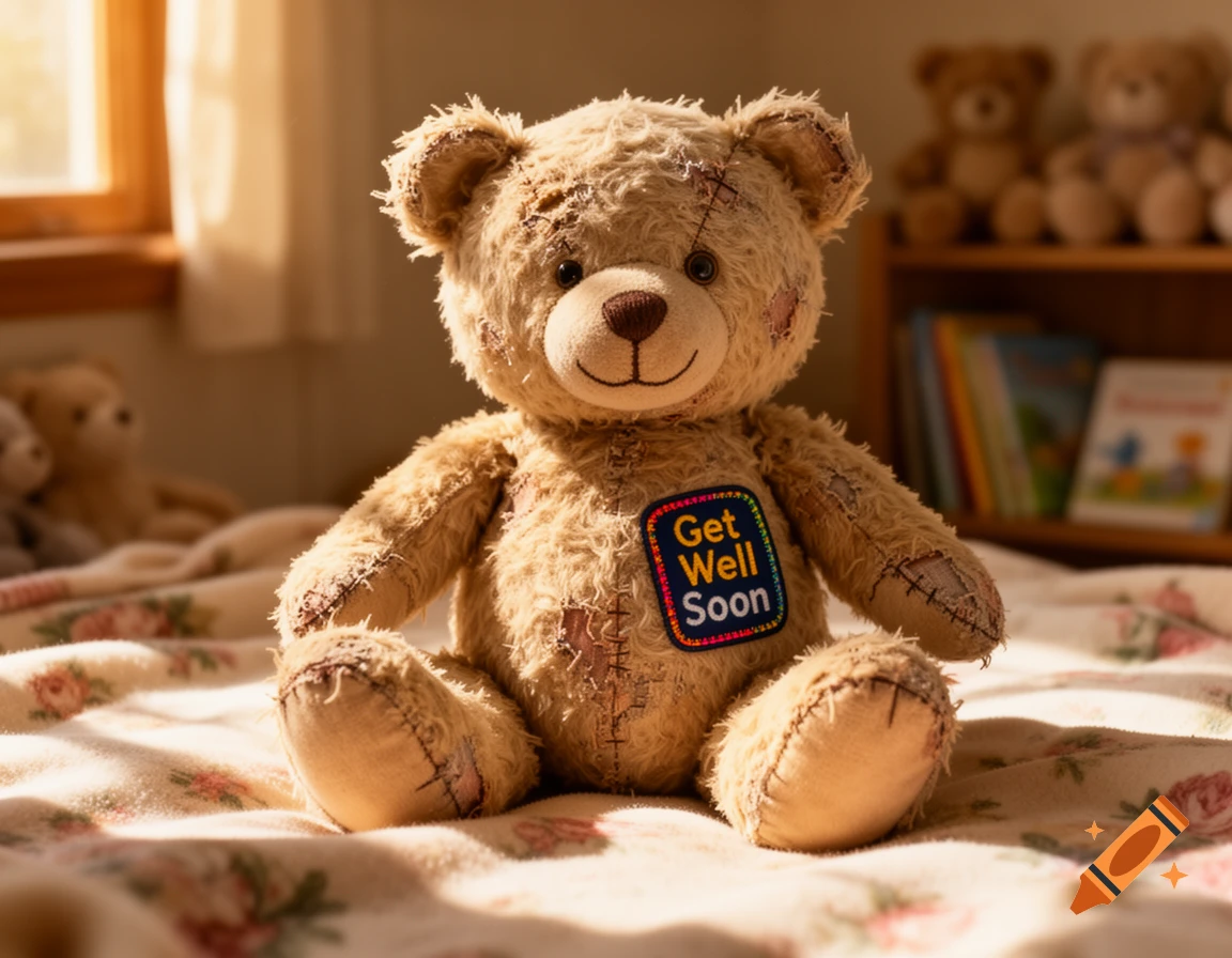 A fuzzy brown teddy bear with patches and a 'Get Well Soon' badge sits on a floral bedspread in a sunlit room.