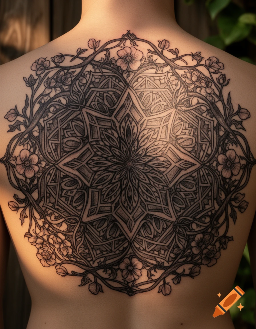 Close-up of a detailed blackwork mandala tattoo with floral vines covering a person's upper back.