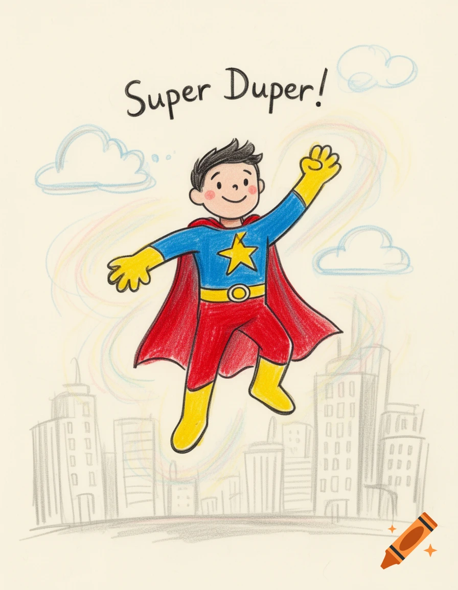 Cartoon drawing of a boy superhero in a red cape flying above a cityscape, with 'Super Duper!' written above.