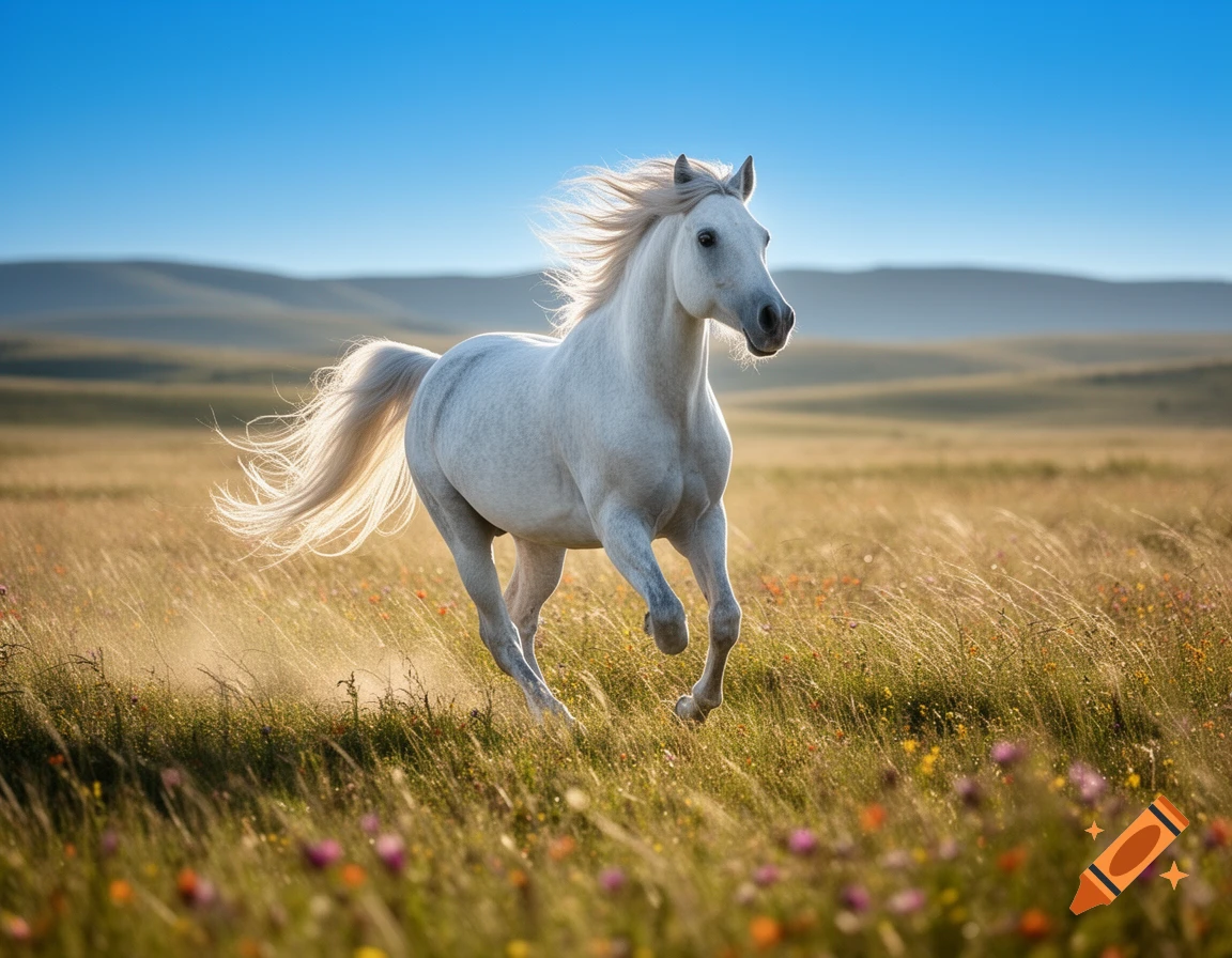 A majestic white horse with a flowing mane and tail gallops through a ...