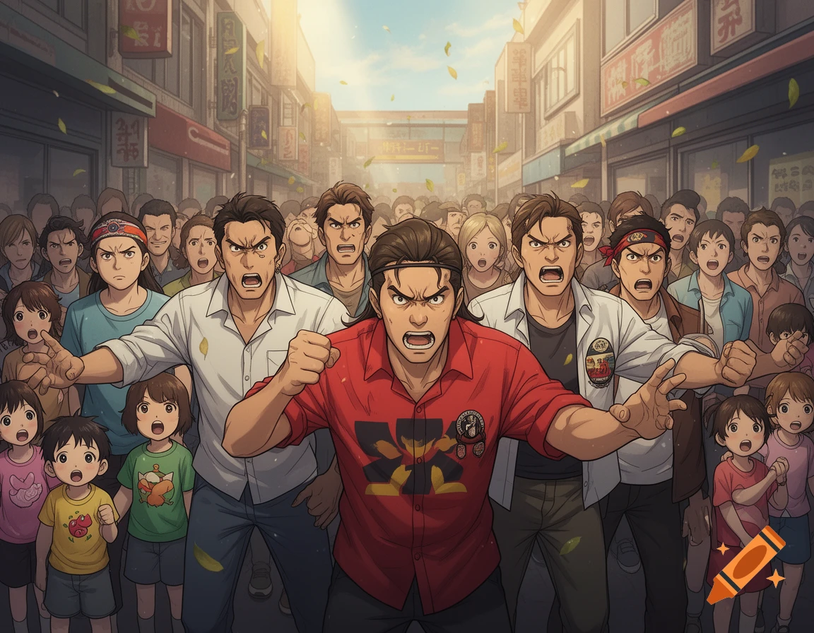 An anime-style angry crowd fills a street, with several determined-looking adults in the foreground and children among the background figures.