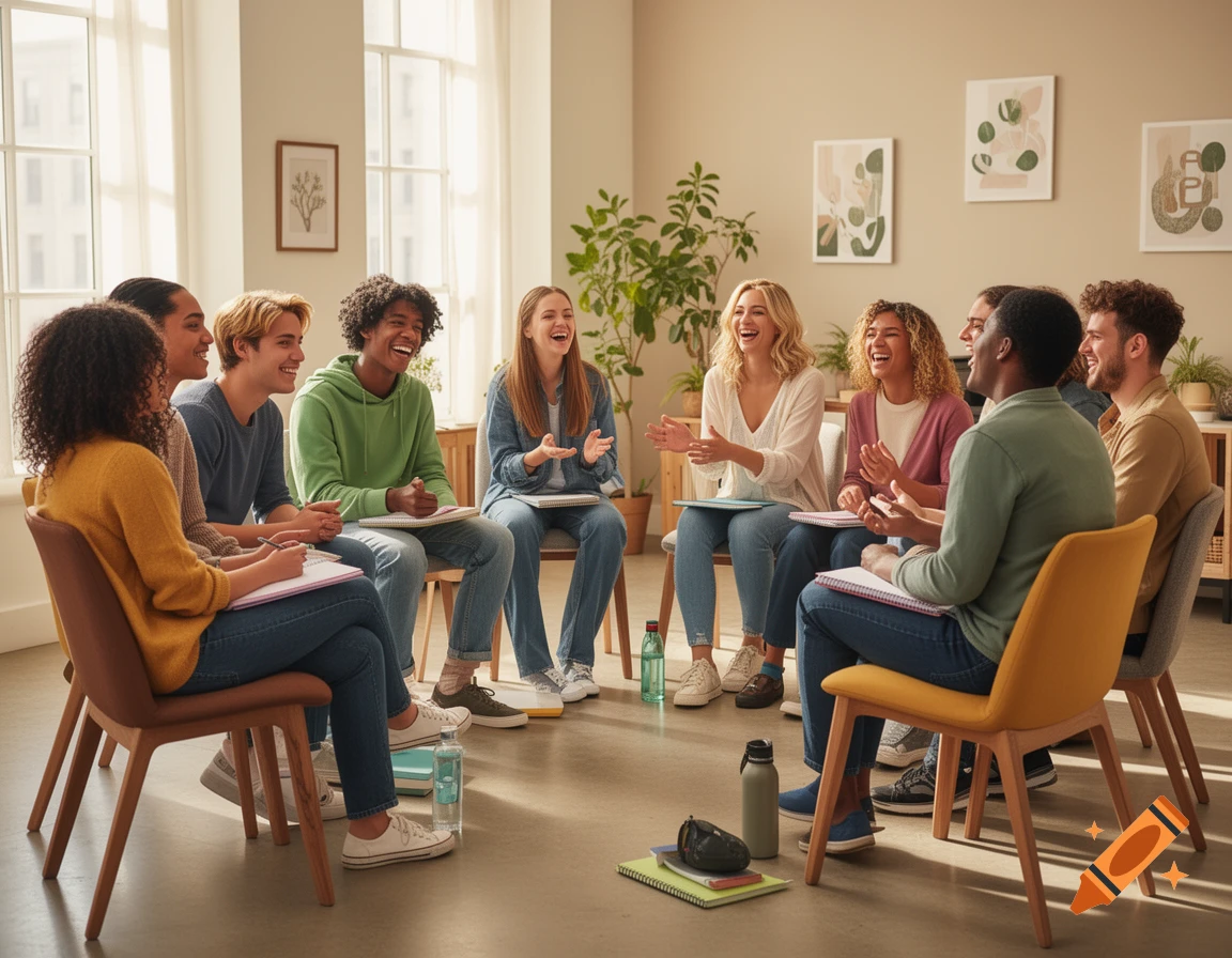 A diverse group of young adults sits in a circle, laughing and talking in a bright room.