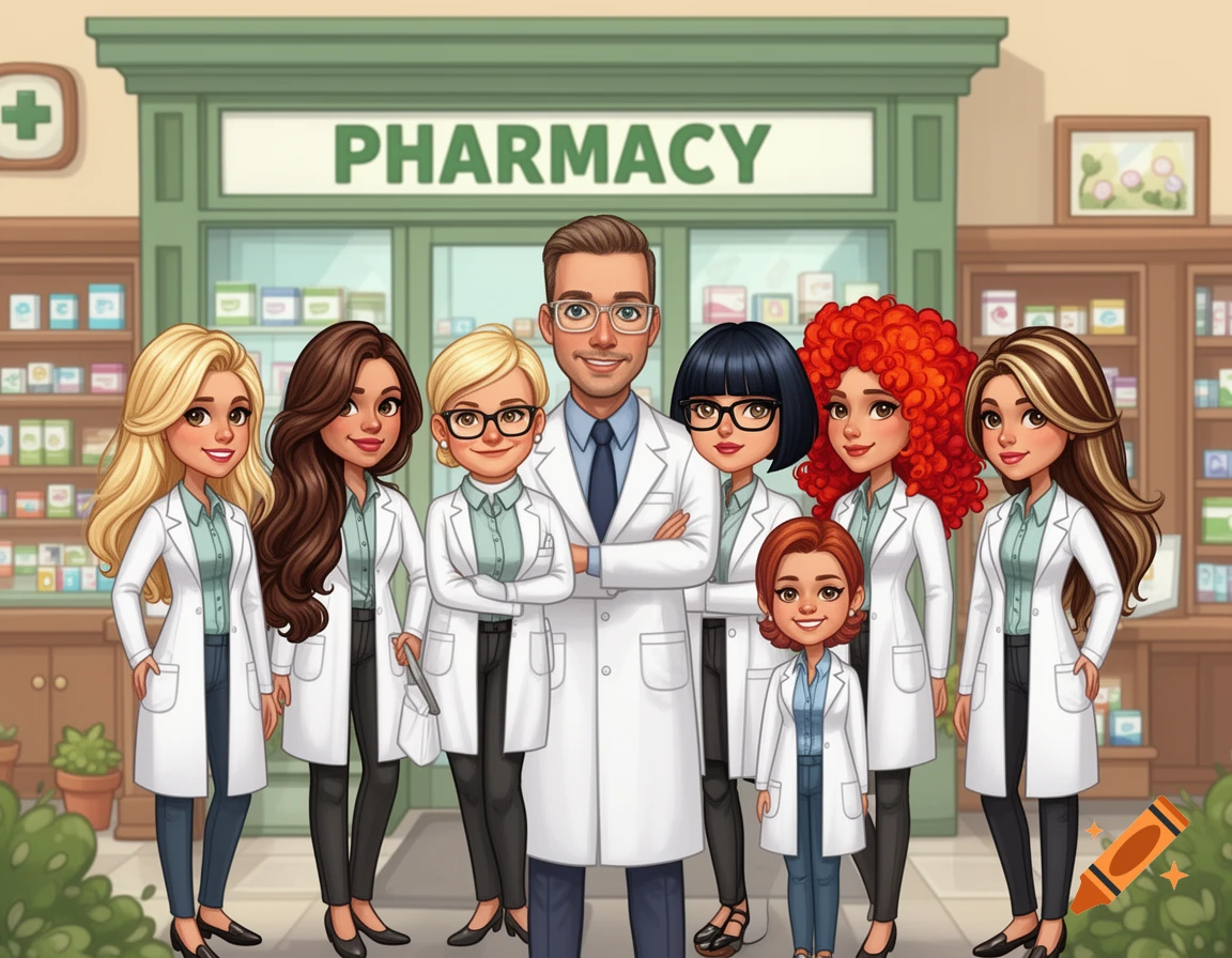 Cartoon illustration of a diverse group of pharmacists and a manager standing inside a pharmacy.