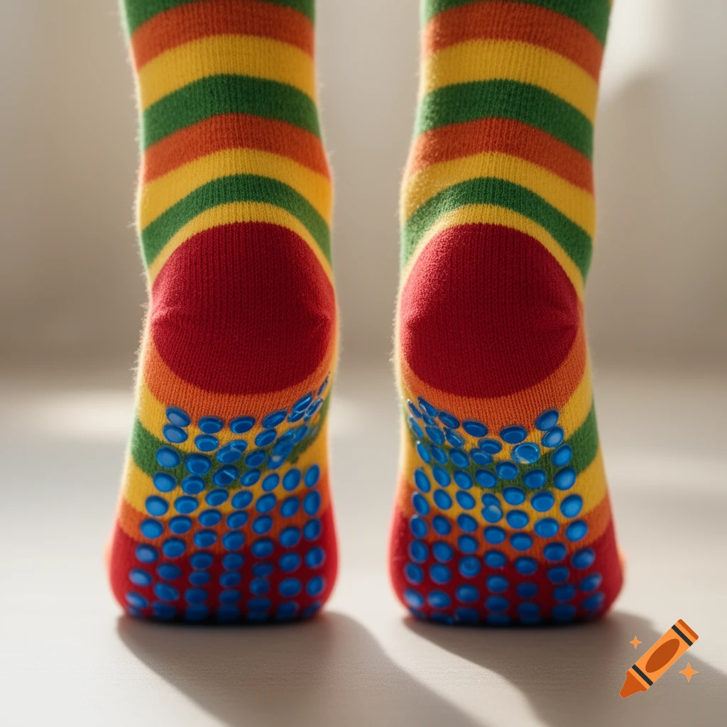 Close-up of feet wearing vibrant rainbow-striped socks with blue non-slip grips on the soles.
