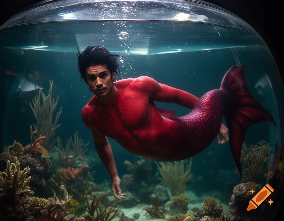 A dark-haired merman with a red upper body and a dark red scaled tail swims inside a vibrant aquarium with coral.