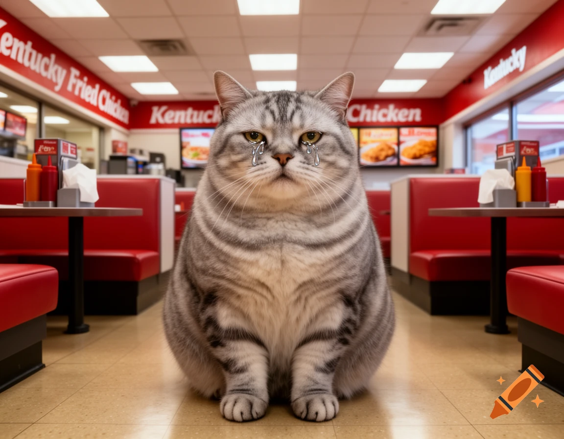 A very large, sad, grey tabby cat sits crying on the floor of a brightly lit KFC restaurant. Photorealistic.