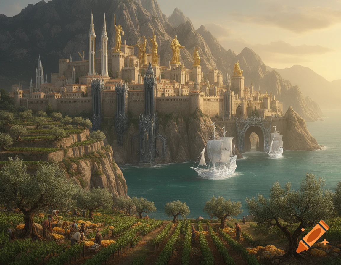 A majestic fantasy city with golden statues on a cliff overlooking a ...