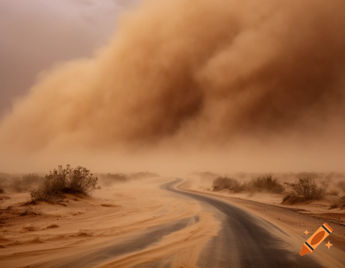 A photorealistic image of a winding desert road engulfed in a massive, swirling sandstorm.