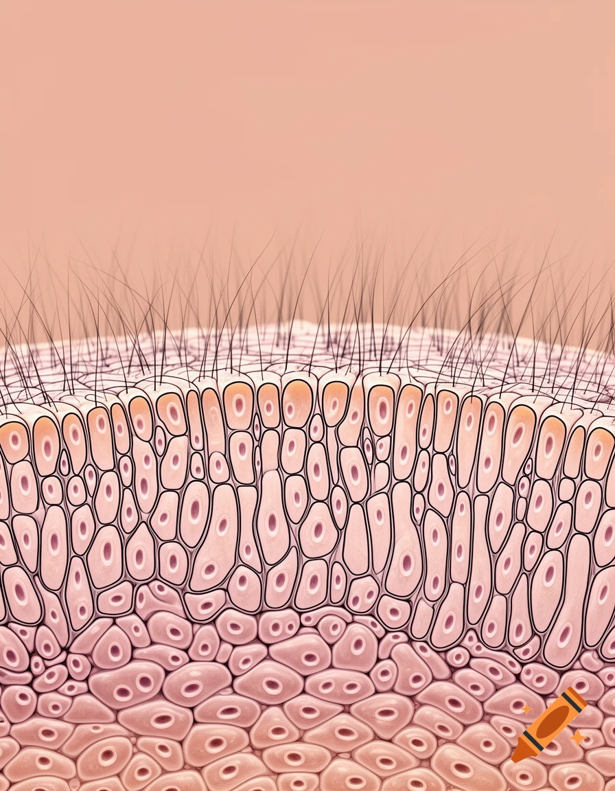 Detailed scientific illustration of a cross-section of skin tissue showing multiple layers of cells and hair follicles.