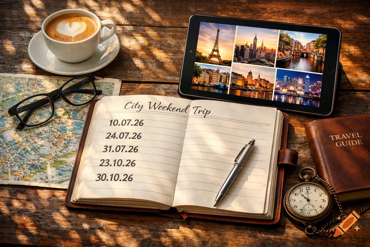 Flat lay of travel items: notebook with trip dates, map, coffee, tablet showing cityscapes, travel guide, and pocket watch on a wooden table.