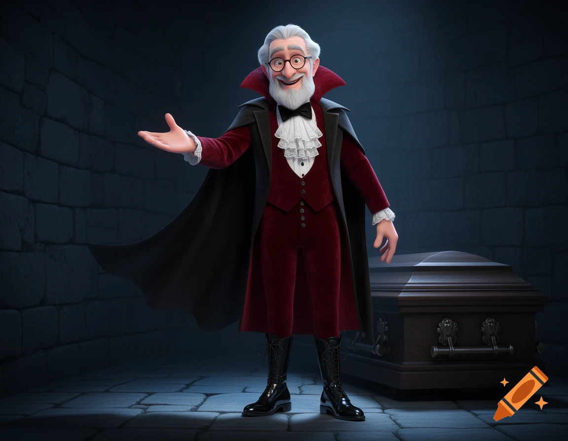 A friendly, elderly cartoon vampire with spectacles, a white beard, red velvet suit, and black cape greets the viewer in a dark crypt next to a coffin.