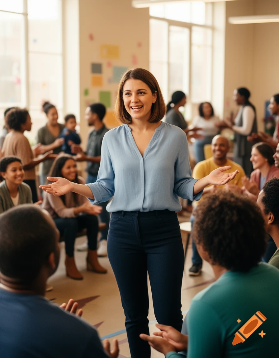 A smiling woman in a blue shirt and dark pants speaks with open hands to a diverse group of people sitting or standing in a bright, modern room.
