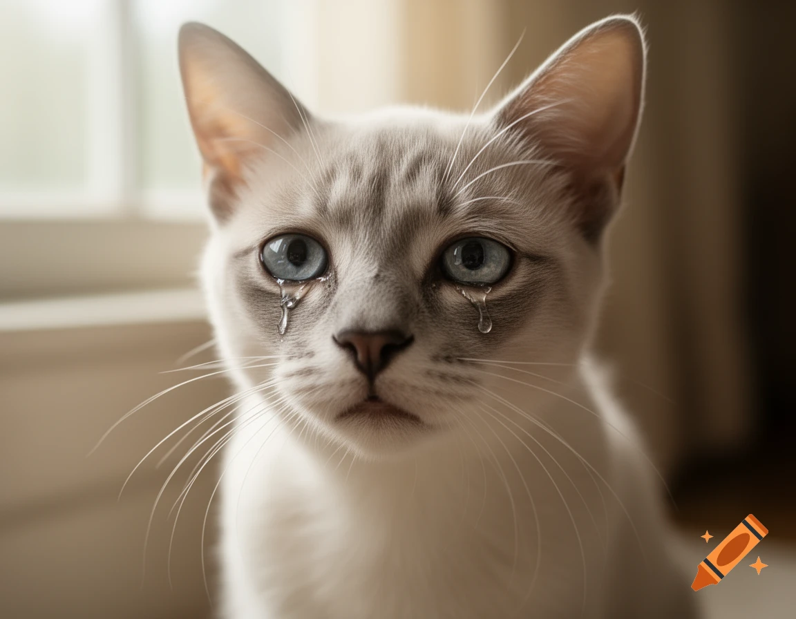A close-up, photorealistic image of a white and grey cat with blue eyes, tears welling and falling from its eyes.
