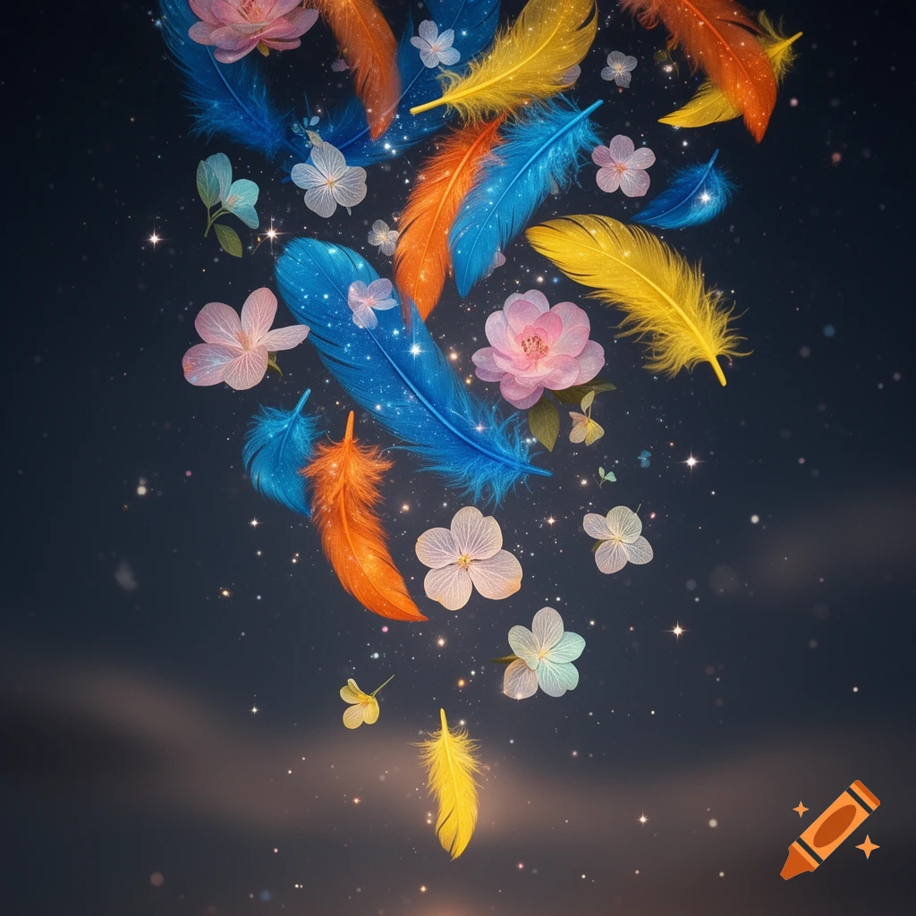 Colorful feathers and flowers, illuminated by sparkling stars, float downwards against a dark, dreamy sky.