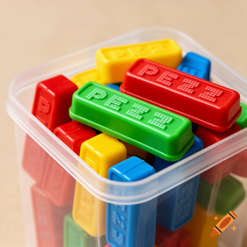 Close-up of a clear plastic container filled with colorful rectangular PEZ candies in red, green, blue, and yellow.
