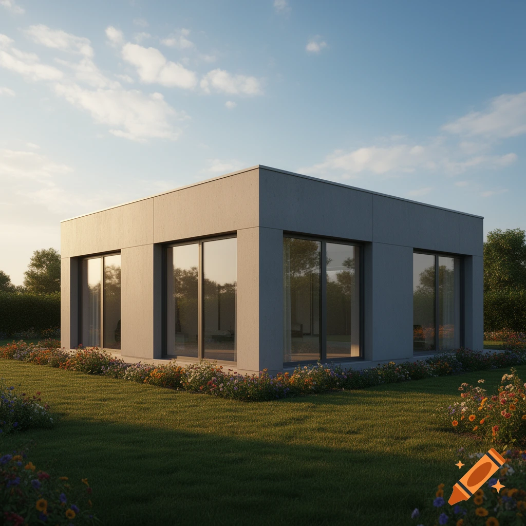 A modern, minimalist flat-roof house with large windows, surrounded by a green lawn and colorful flower beds under a blue sky, photorealistic.