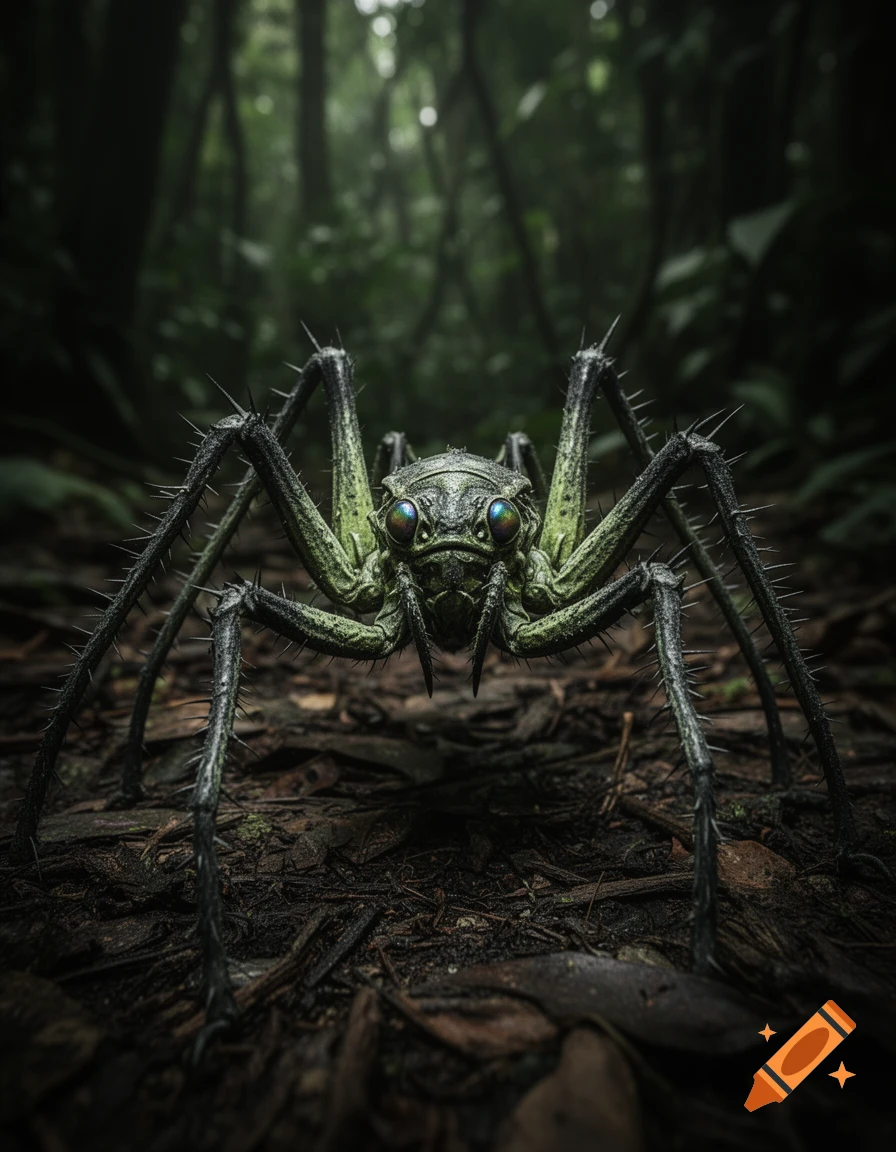 Close-up of a vibrant green and black mutated spider-like creature with spiked legs and iridescent blue eyes, in a dark, atmospheric forest.