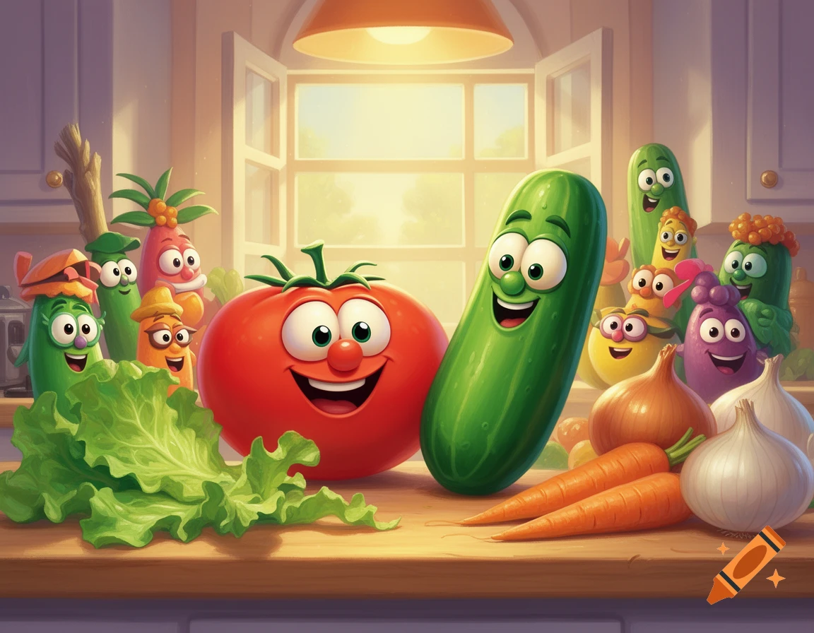 Cartoon vegetables with happy faces, including a large tomato and cucumber, on a wooden kitchen counter.