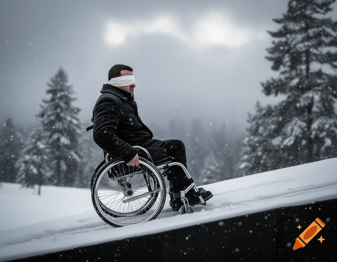 Photorealistic blindfolded man in a wheelchair on a snowy black slope with pine trees during a snowfall.