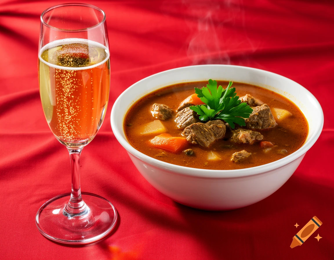 A steaming bowl of goulash soup with beef, potatoes, carrots, and parsley, next to a champagne flute on a red tablecloth.