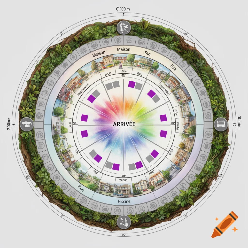 An overhead view of a circular board game with a central rainbow burst and 'ARRIVÉE'. Concentric rings feature illustrations of a town with houses, a school, shops, and parks, alongside various game icons and text labels like 'Maison', 'École', and 'Rue'. The board is framed by a naturalistic border of roots and leaves.