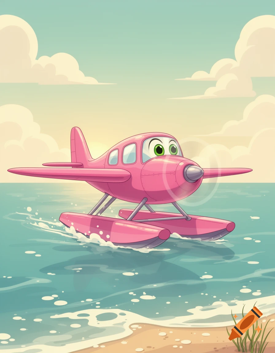 A pink 2D animation style seaplane with green eyes floats on blue water near a sandy beach under a cloudy sky.