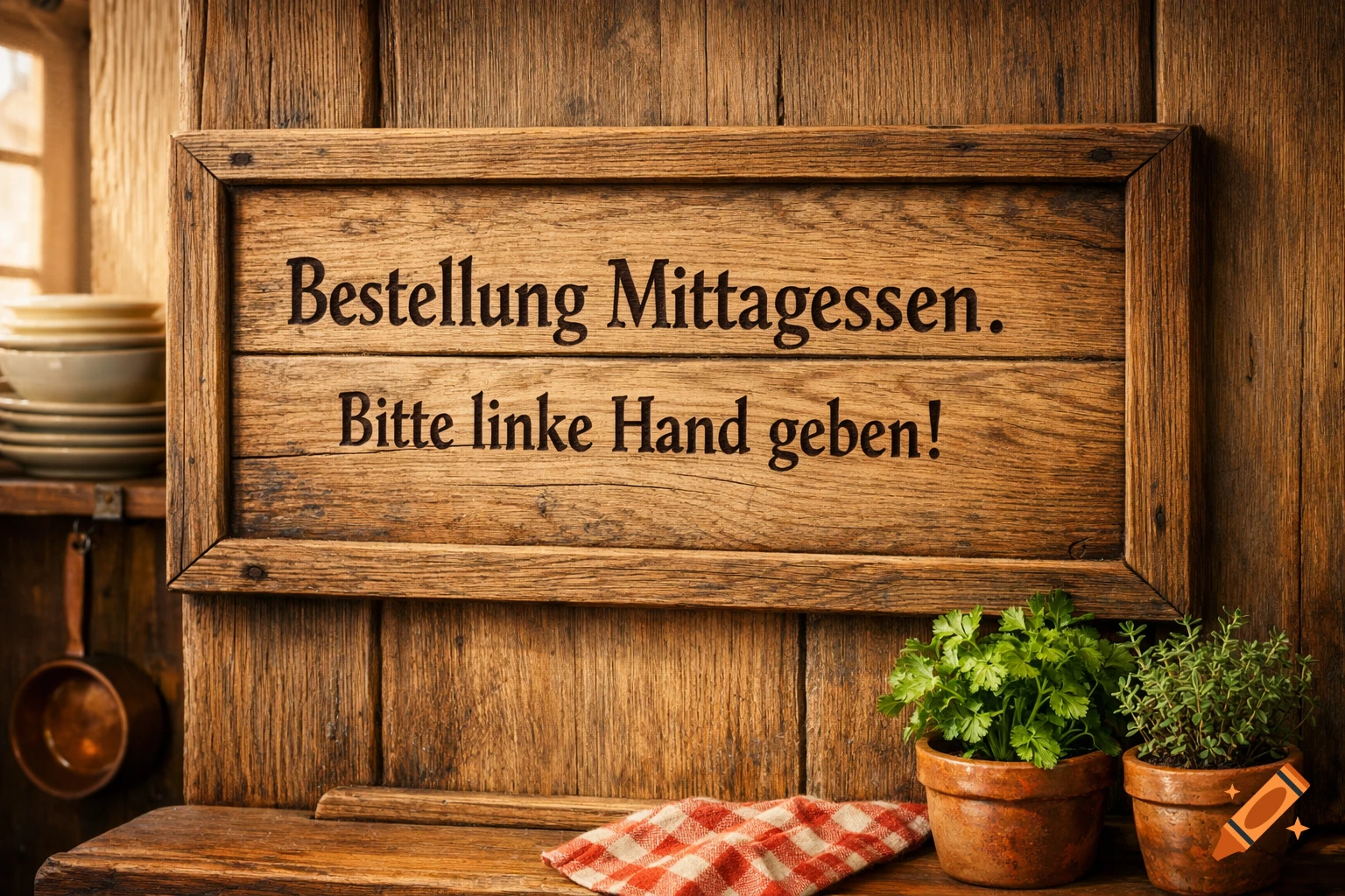 A rustic wooden sign reading 'Order Lunch. Please give left hand!' in a kitchen with potted herbs and dishes.