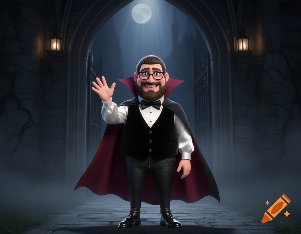 A friendly 3D animated vampire with a beard, glasses, and cape waves under a gothic archway at night.