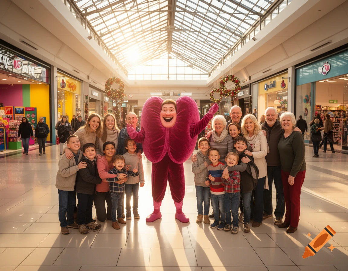 A multi-generational family and children pose with a pink tonsil-shaped mascot in a brightly lit shopping mall with holiday decorations.