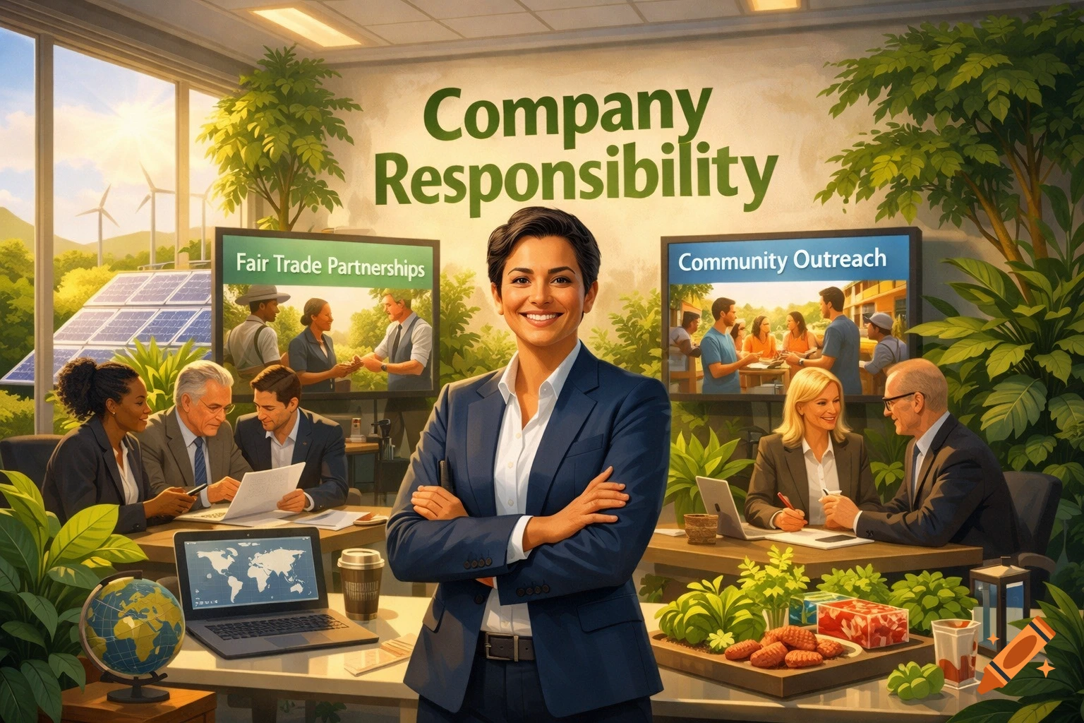 A smiling businesswoman in an office with "Company Responsibility" on the wall, screens displaying "Fair Trade Partnerships" and "Community Outreach," and colleagues meeting, with solar panels and wind turbines visible outside. Illustration.
