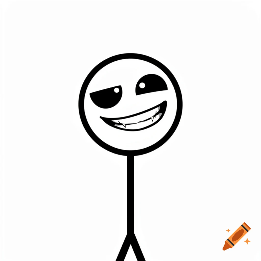 A black and white stick figure with large, smug eyes and a wide smirk showing sharp teeth, against a white background.