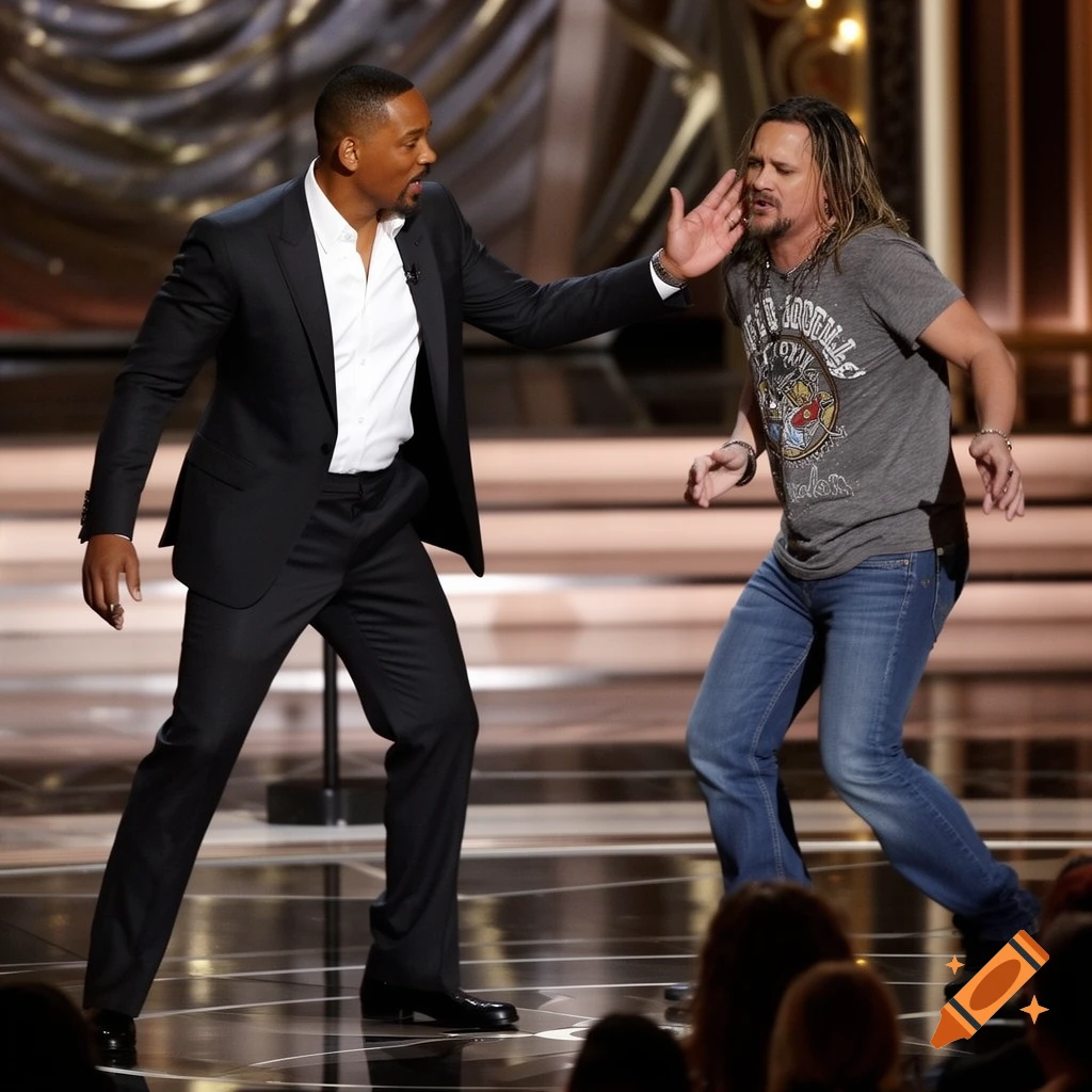 Will Smith in a black suit appears to slap a man with long hair wearing a grey t-shirt and jeans on a brightly lit stage.