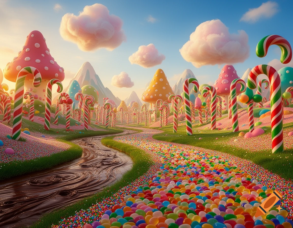 A vibrant, colorful Candyland landscape with a chocolate river, candy cane trees, mushroom houses, and a path of jelly beans under a blue sky with pink clouds.