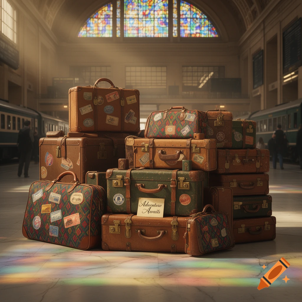 A large pile of vintage suitcases and trunks with 'Adventure Awaits' text, in a grand train station with a stained-glass window.