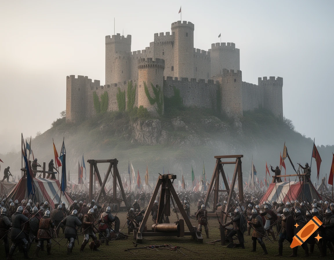 Photorealistic image of a medieval castle siege with a large army, tents, and siege engines in the misty foreground.