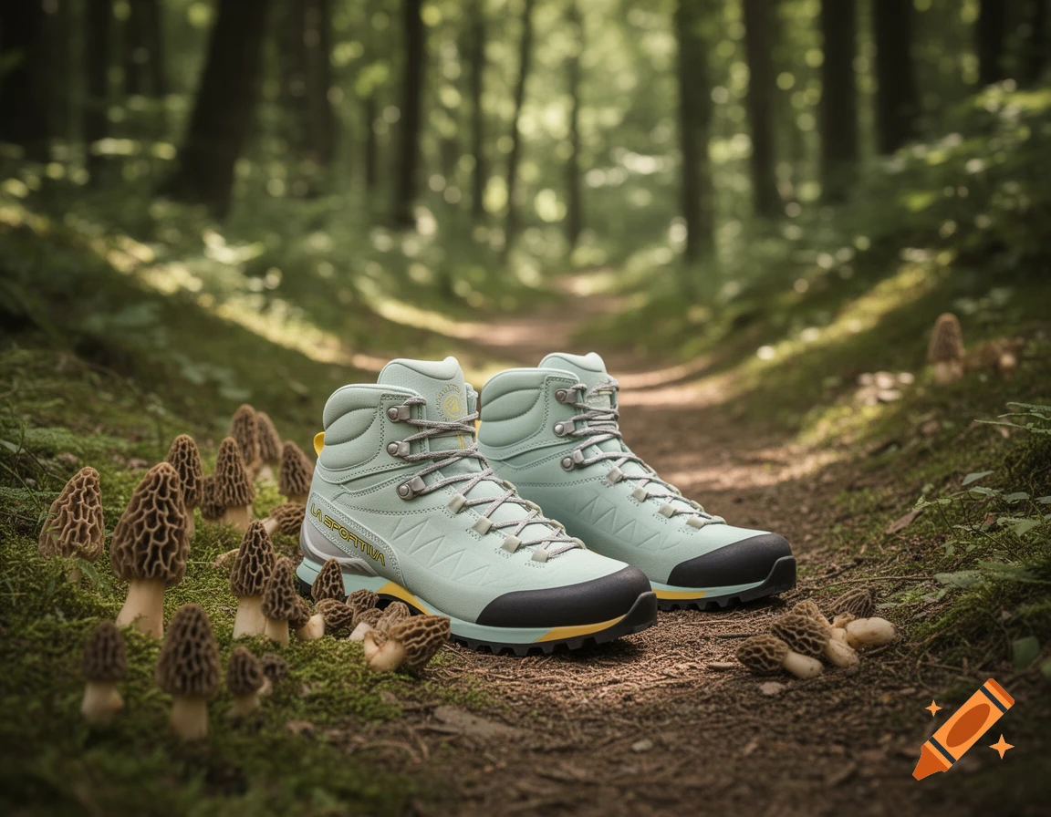 Light green hiking boots on a forest trail with morel mushrooms, forest background. Photorealistic.