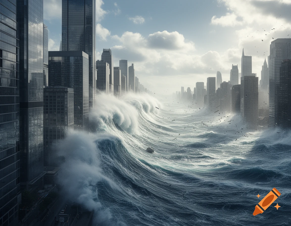 Photorealistic image of a massive tsunami with huge waves crashing through a modern city of tall skyscrapers under a dramatic sky.