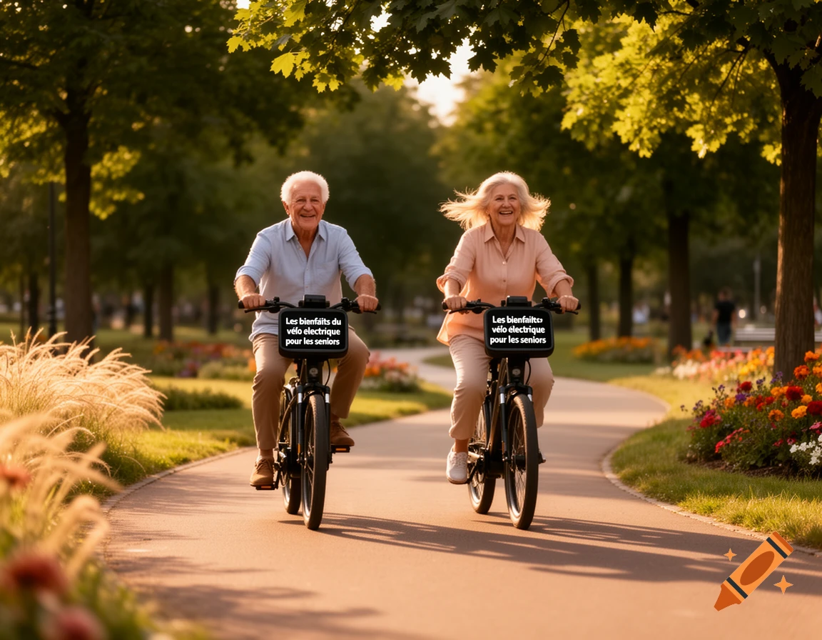 Smiling elderly couple riding electric bikes on a park path, with text on their bike screens.