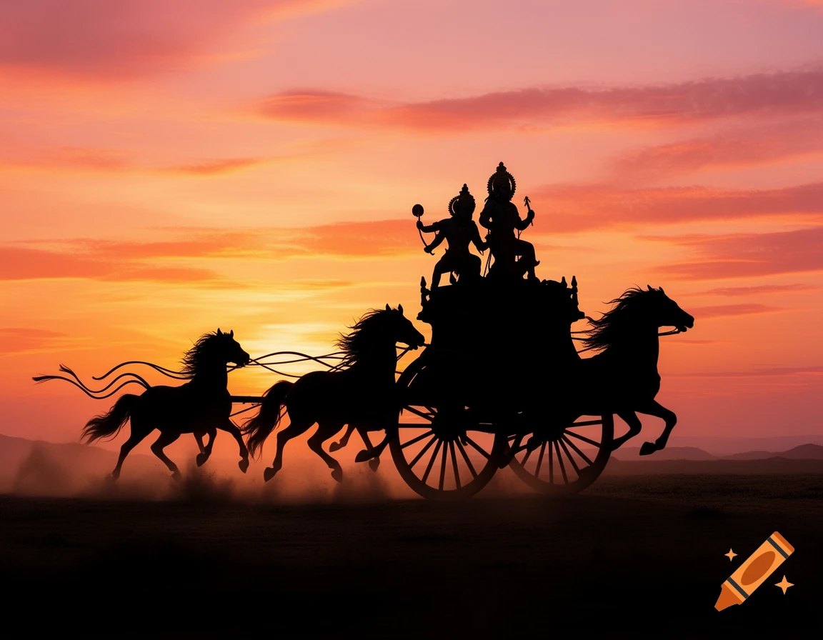 Silhouette of a chariot pulled by four horses and two figures against a vibrant sunset.