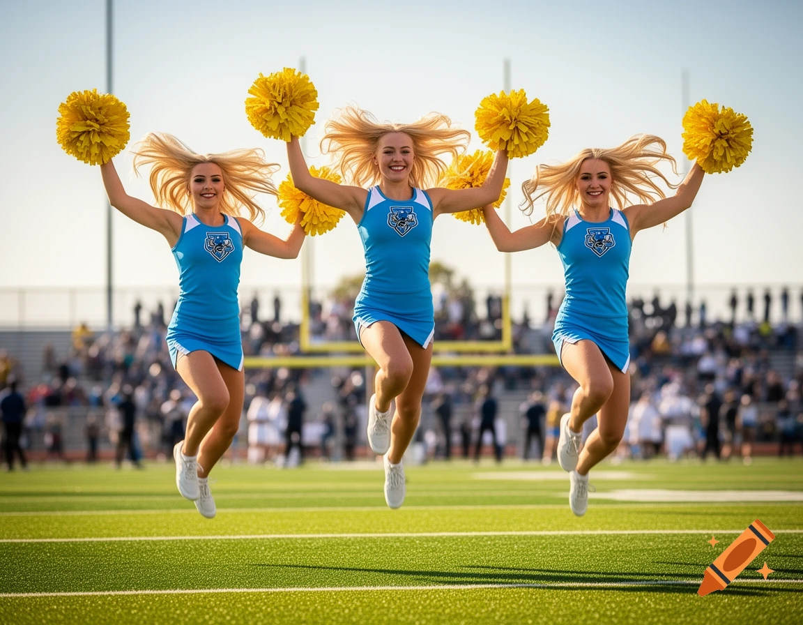 Three blonde cheerleaders in blue uniforms jump on a green football field, holding yellow pompoms, in a photorealistic style.
