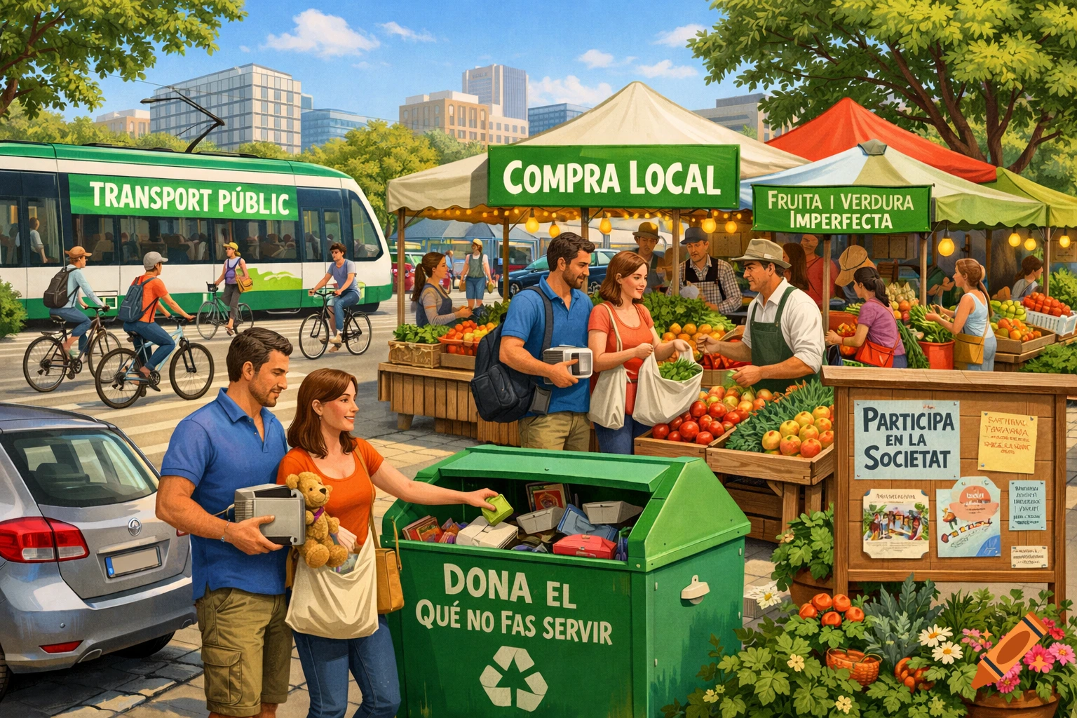 A bustling street market scene with people buying produce, using public transport, and donating items. Text signs promote local shopping and sustainability.